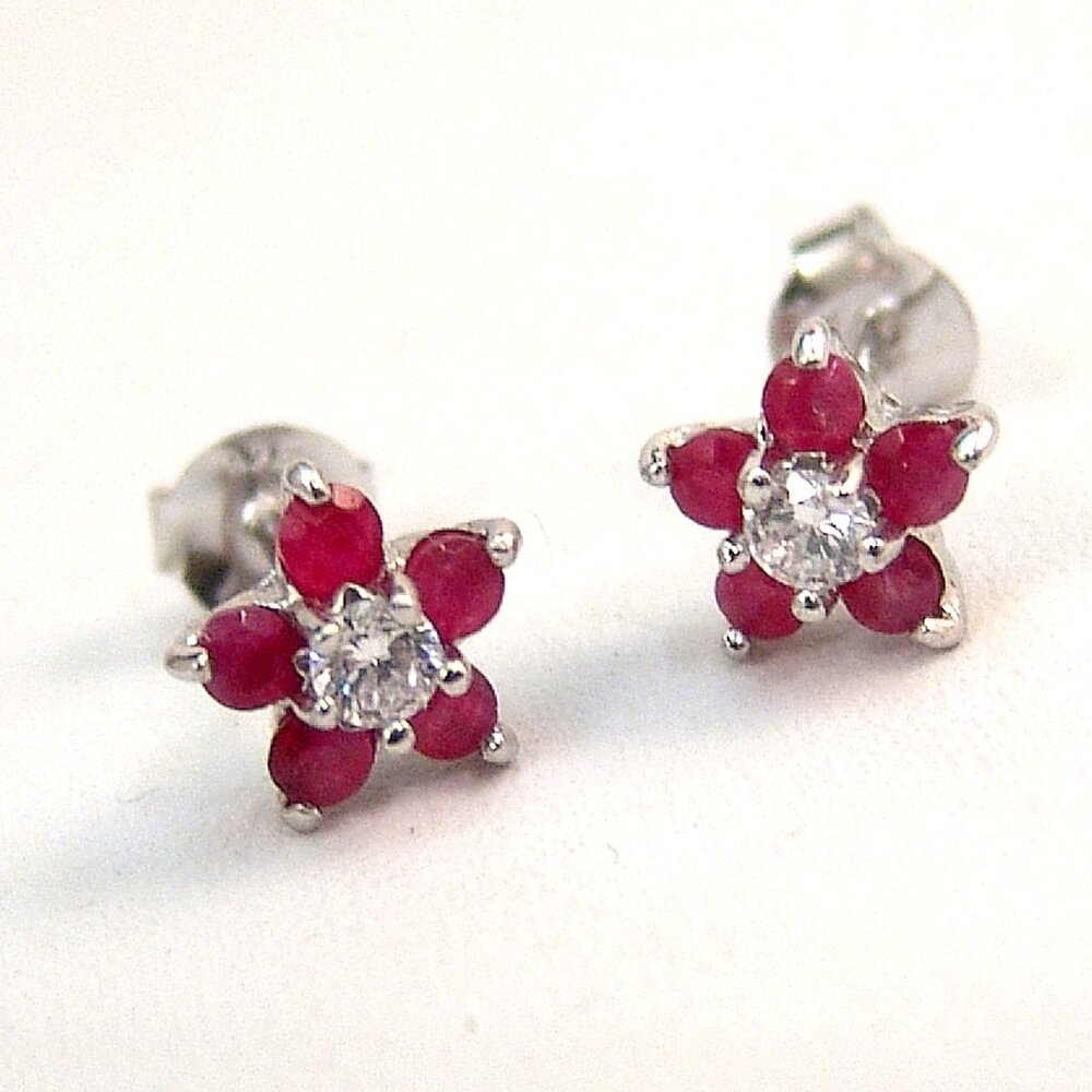 Genuine Ruby Sterling Silver Stud Earrings Anti-tarnish Flower Design